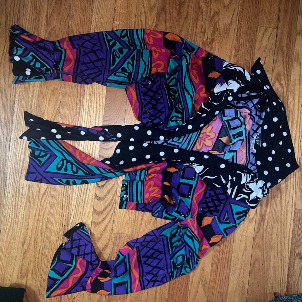 Vintage Abstract Print Blouse Black Polka Dot Tie Bell Sleeve Top